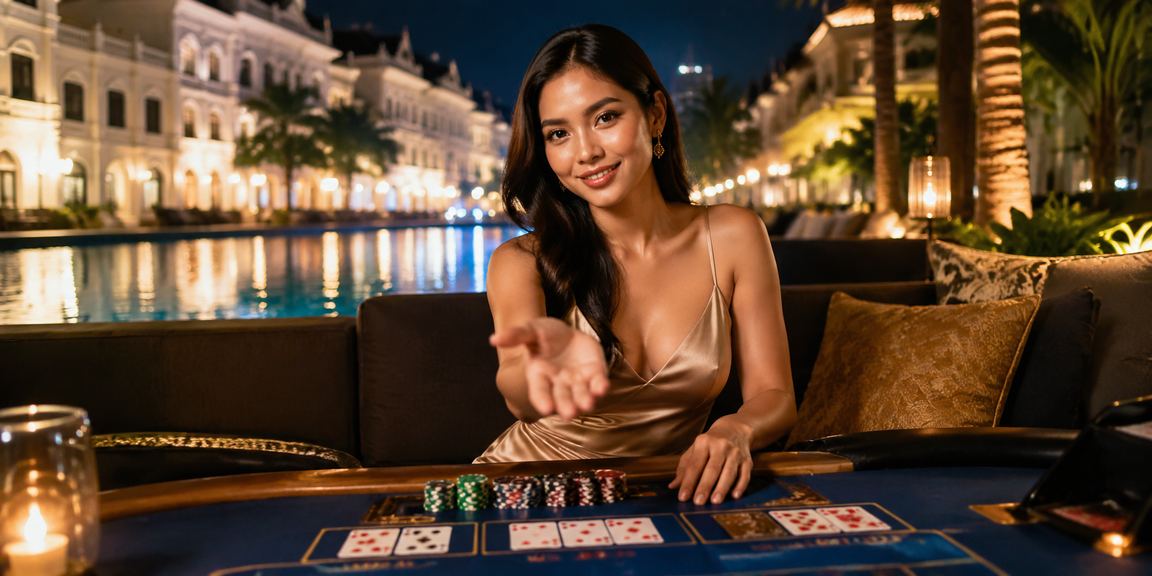 Model Vietnam berpose di meja baccarat casino dengan ekspresi percaya diri dan penuh gaya